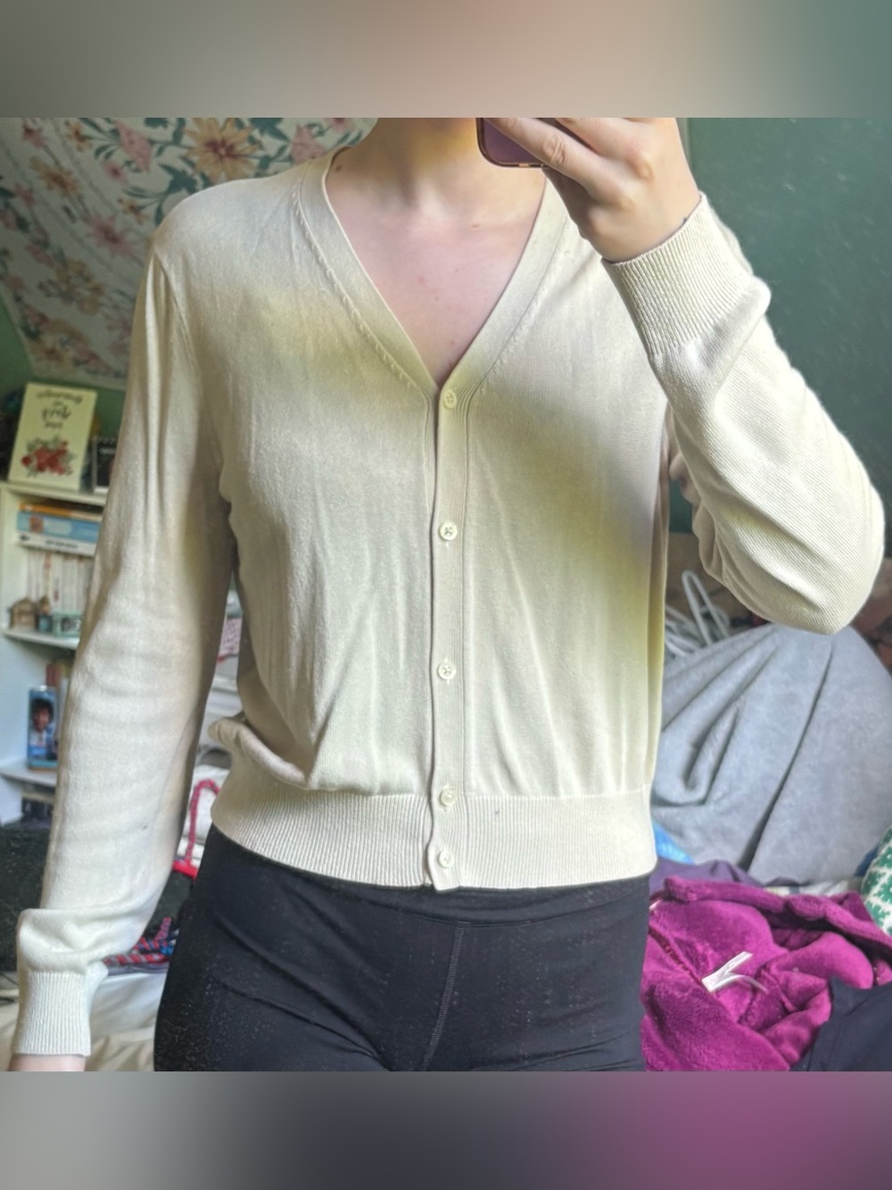 Cream V-Neck Button Front Women's Sweater Cardigan